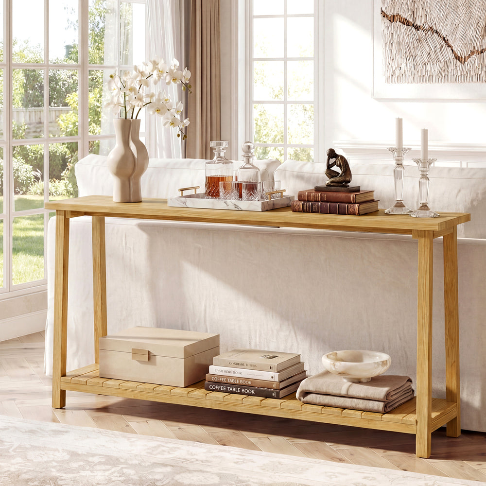 2-tier farmhouse sofa table with teak wood frame, showcasing a spacious tabletop and ample storage for living room.