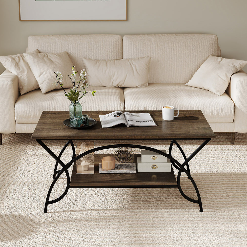 2-tier faux marble coffee table with oak finish and metal frame, featuring a stylish arch design for organized living.