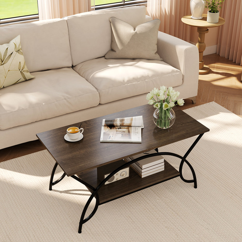 2-tier faux marble coffee table with a white marble top and black metal frame, perfect for stylish living room.