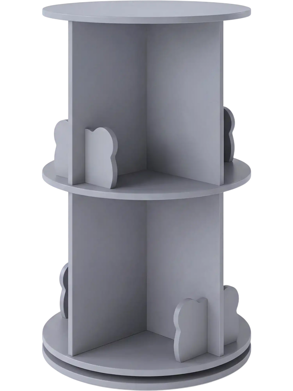 Gray 2 tier freestanding kids rotating bookshelf with bear baffles, featuring 8 compartments for versatile storage.
