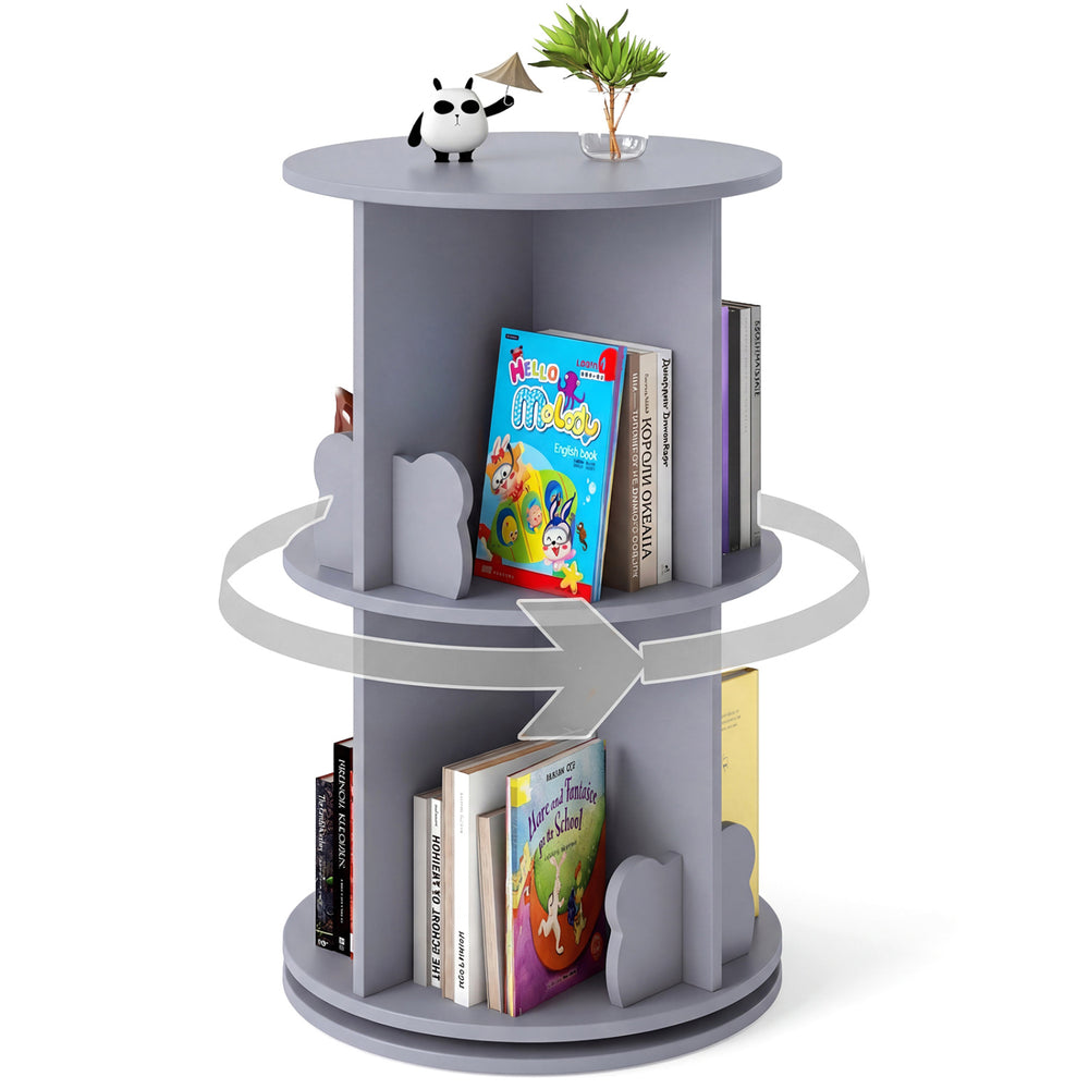 Gray 2-tier rotating kids bookshelf with bear baffles, featuring 8 compartments for easy storage in playroom or bedroom.