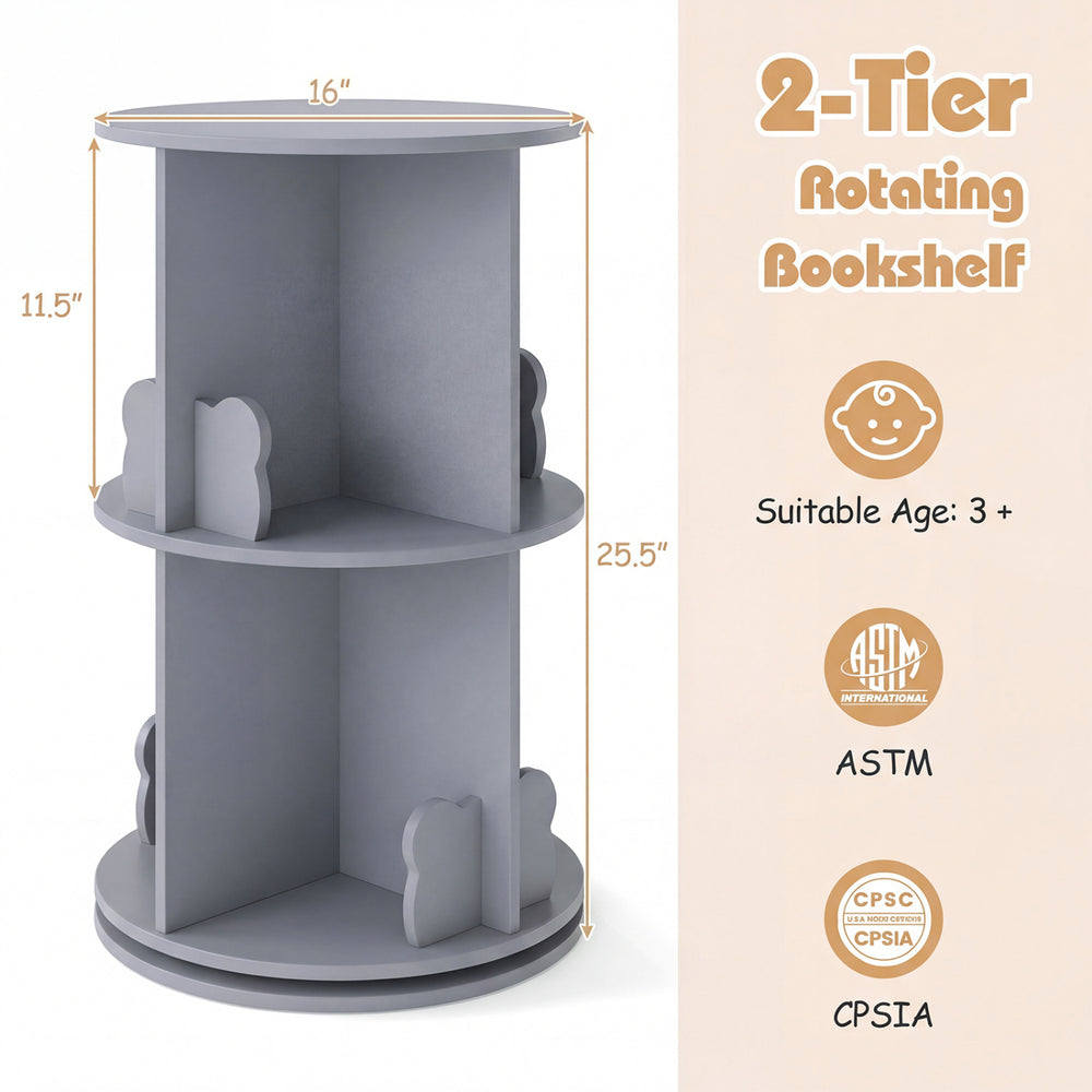 Gray 2-tier rotating bookshelf with bear baffles, featuring 8 compartments, ideal for kids' playroom or bedroom storage.