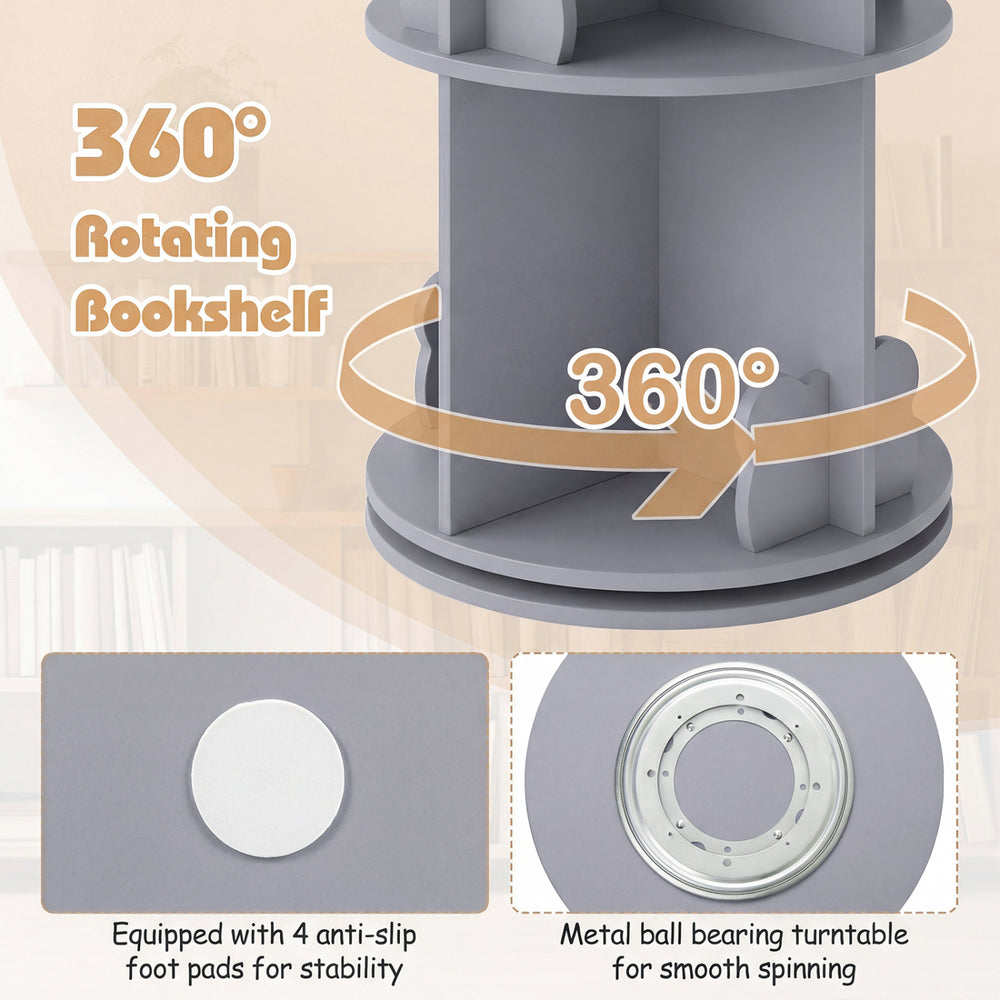 Gray 2 tier rotating bookshelf with bear baffles, featuring 360° design and non-slip foot pads for stability.