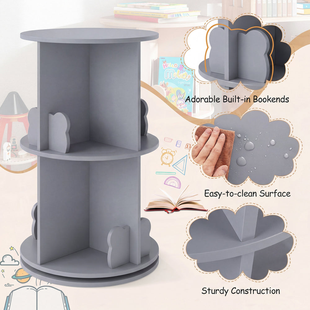 Gray 2-tier rotating kids bookshelf with bear baffles, featuring 8 compartments and an easy-to-clean surface for.