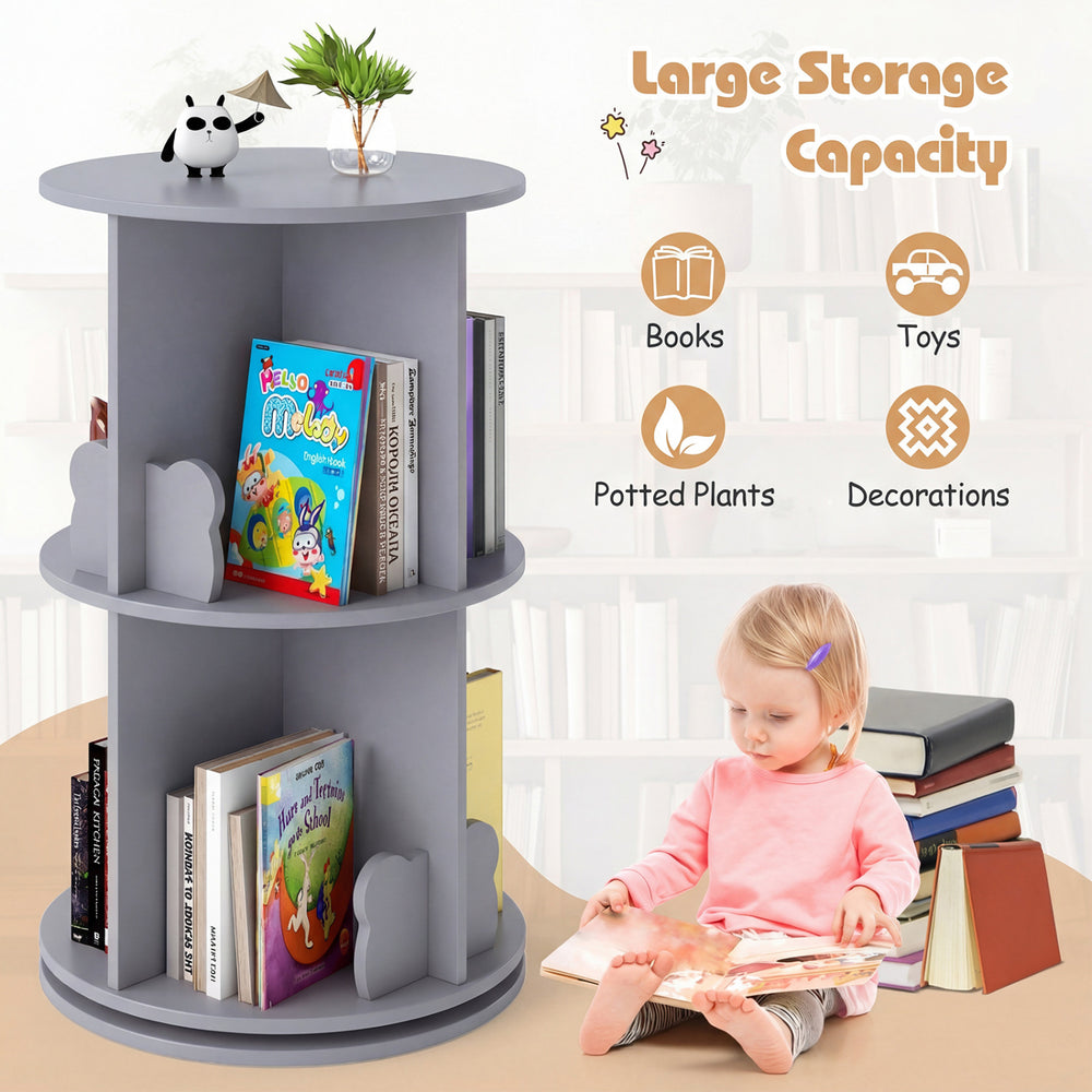 Gray 2-tier rotating kids bookshelf with bear baffles, featuring 8 compartments for books and toys, ideal for playrooms.