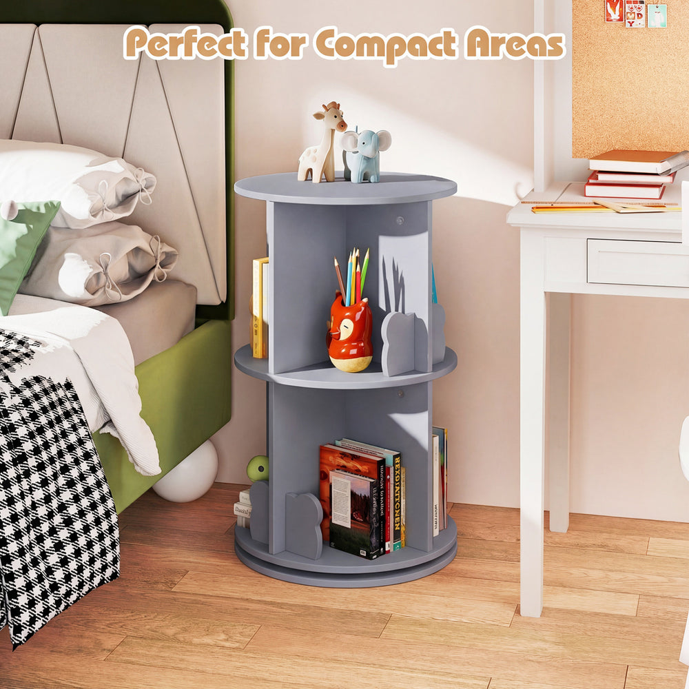 Gray 2-tier rotating kids bookshelf with bear baffles, featuring 8 compartments for storage, ideal for compact areas.