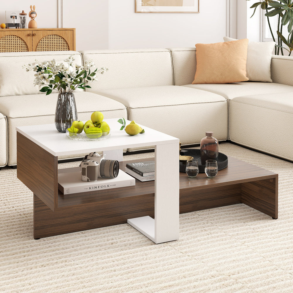 Geometric coffee table in white and brown with unique storage shelves, perfect for living room or reception area.