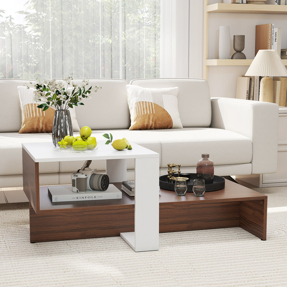 Geometric coffee table in white and brown with 2-tier storage shelves, perfect for living room or reception use.