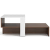 Geometric 2-tier coffee table in white and brown, featuring unique storage shelves for living room or reception use.