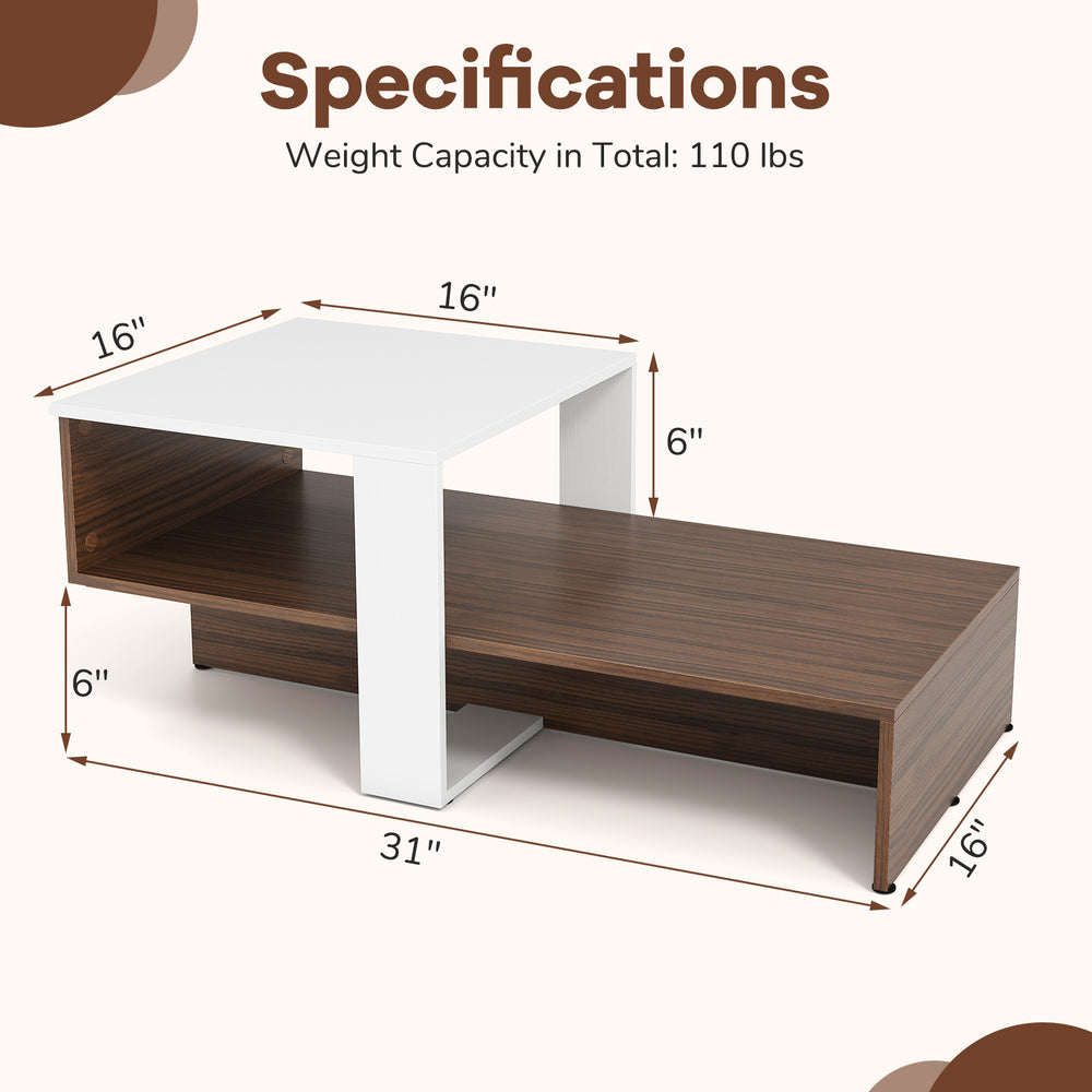 Geometric 2-tier coffee table in white and brown with unique storage shelves, ideal for living room or reception use.