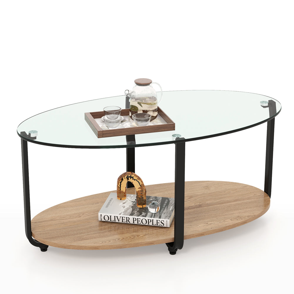 Oval coffee table with tempered glass top and wooden shelf, featuring a modern design for stylish living room decor.