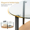 Oval coffee table with tempered glass top and wooden shelf, featuring rounded edges for safety and modern design.