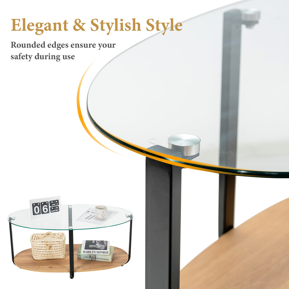 Oval coffee table with tempered glass top and wooden shelf, featuring rounded edges for safety and modern design.