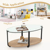 Oval coffee table with tempered glass top and wooden shelf, perfect for living room decor and ample storage.