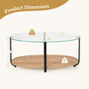 Oval coffee table with tempered glass top and wooden shelf, 37" wide, 20" deep, ideal for living room storage.