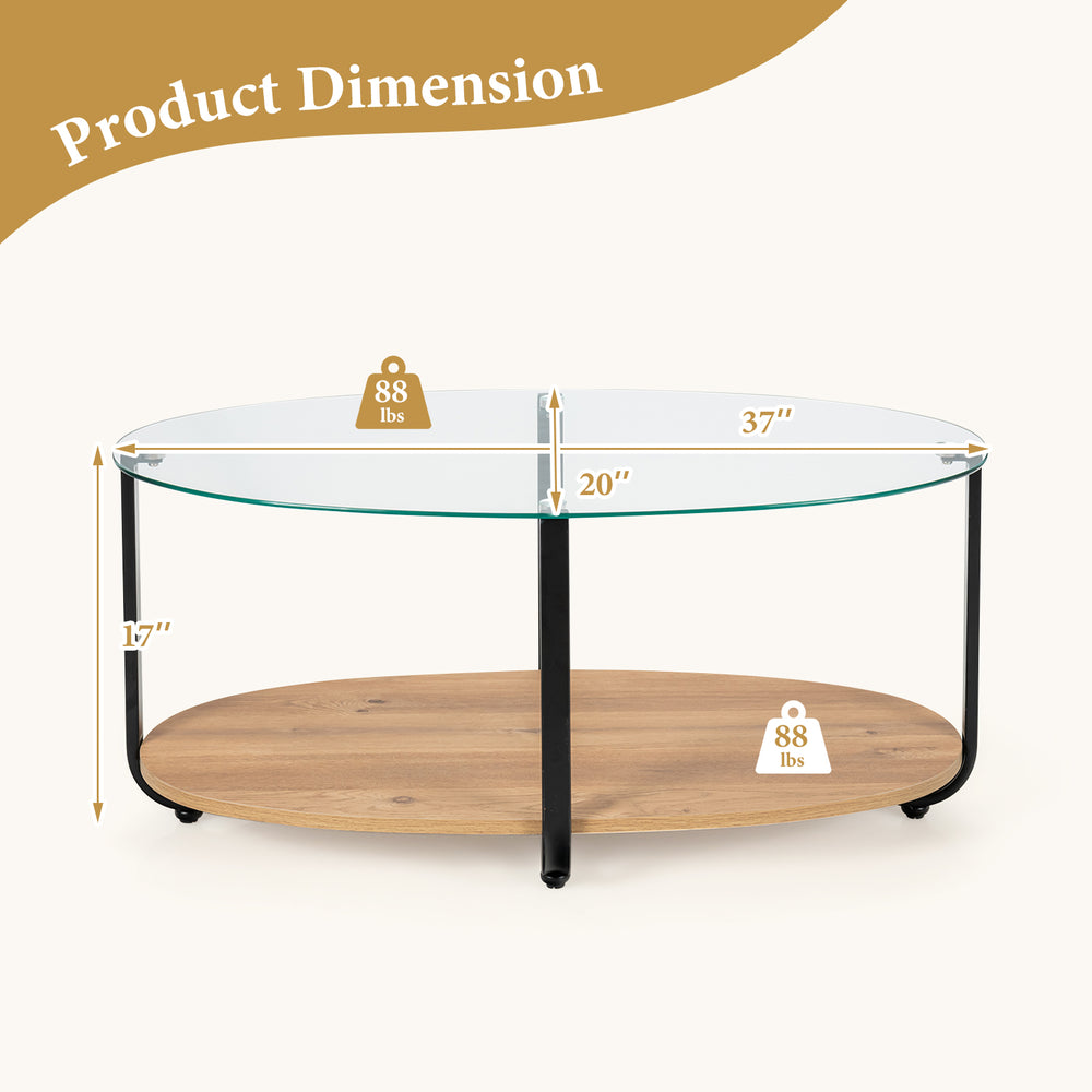 Oval coffee table with tempered glass top and wooden shelf, 37" wide, 20" deep, ideal for living room storage.