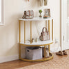 Half moon console table with white top and gold frame features power outlets and two tiers for organized storage.