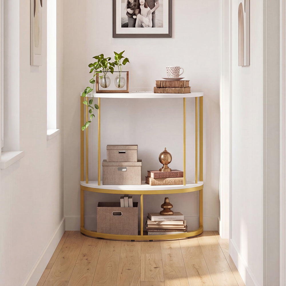 Half moon console table with white finish, 2-tier storage, and built-in power outlets for hallway organization.
