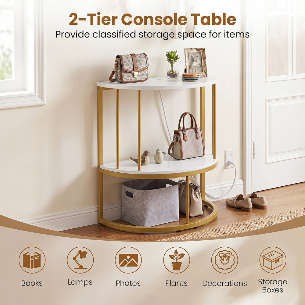 Half moon console table with power outlets features a white finish and two tiers for organized storage in hallways.