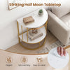 2-tier half moon console table in white with power outlets, ideal for hallway storage and easy to clean surface.