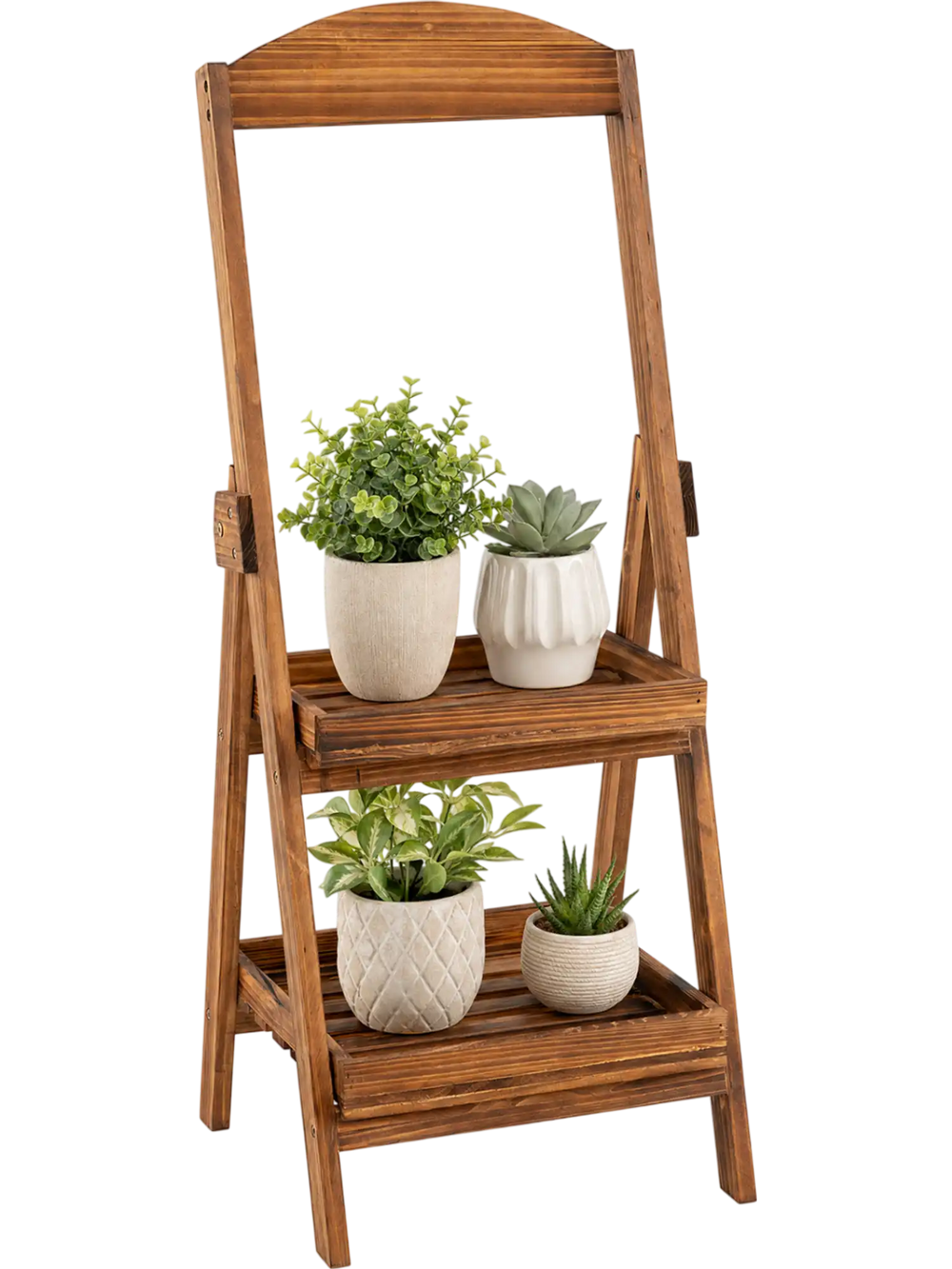 Rustic 2-tier ladder shelf crafted from carbonized fir wood, designed for sturdy plant display while enhancing interior warmth.
