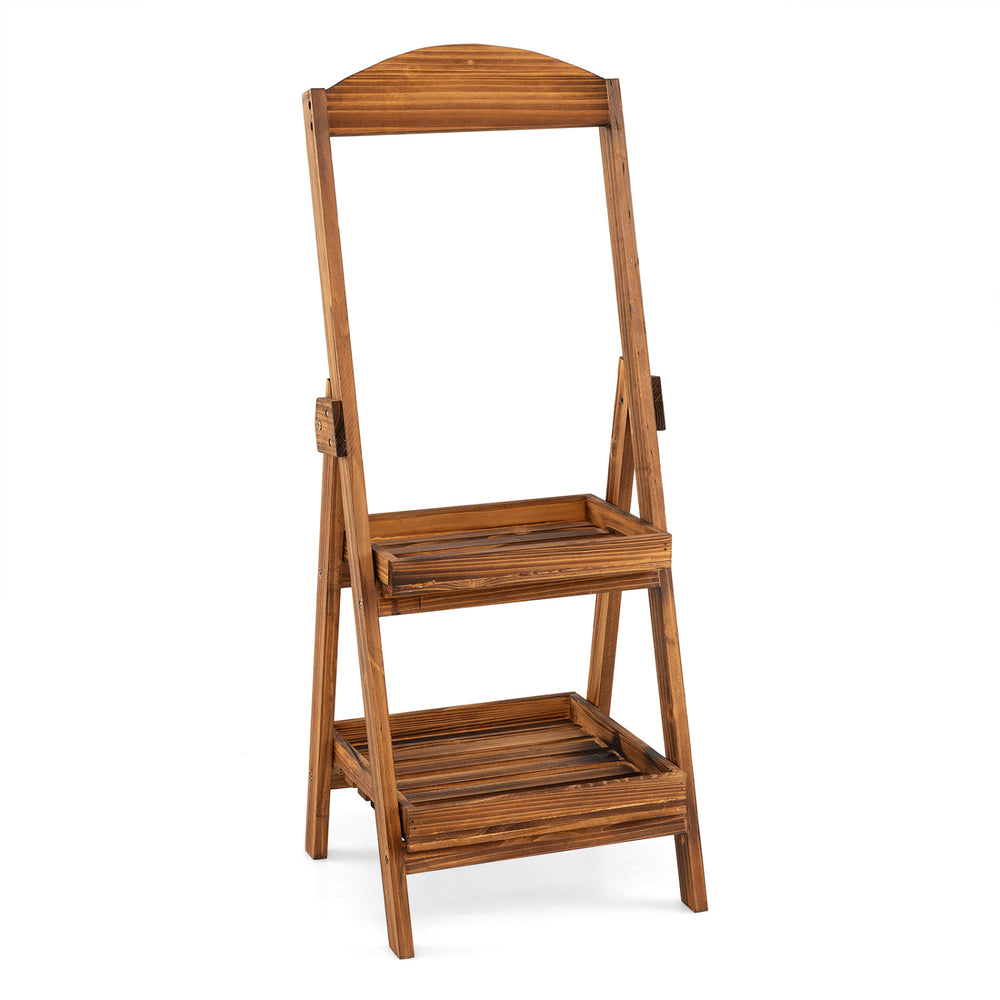 Rustic 2-tier ladder shelf made of carbonized fir wood, ideal for displaying plants and decorations in any room.