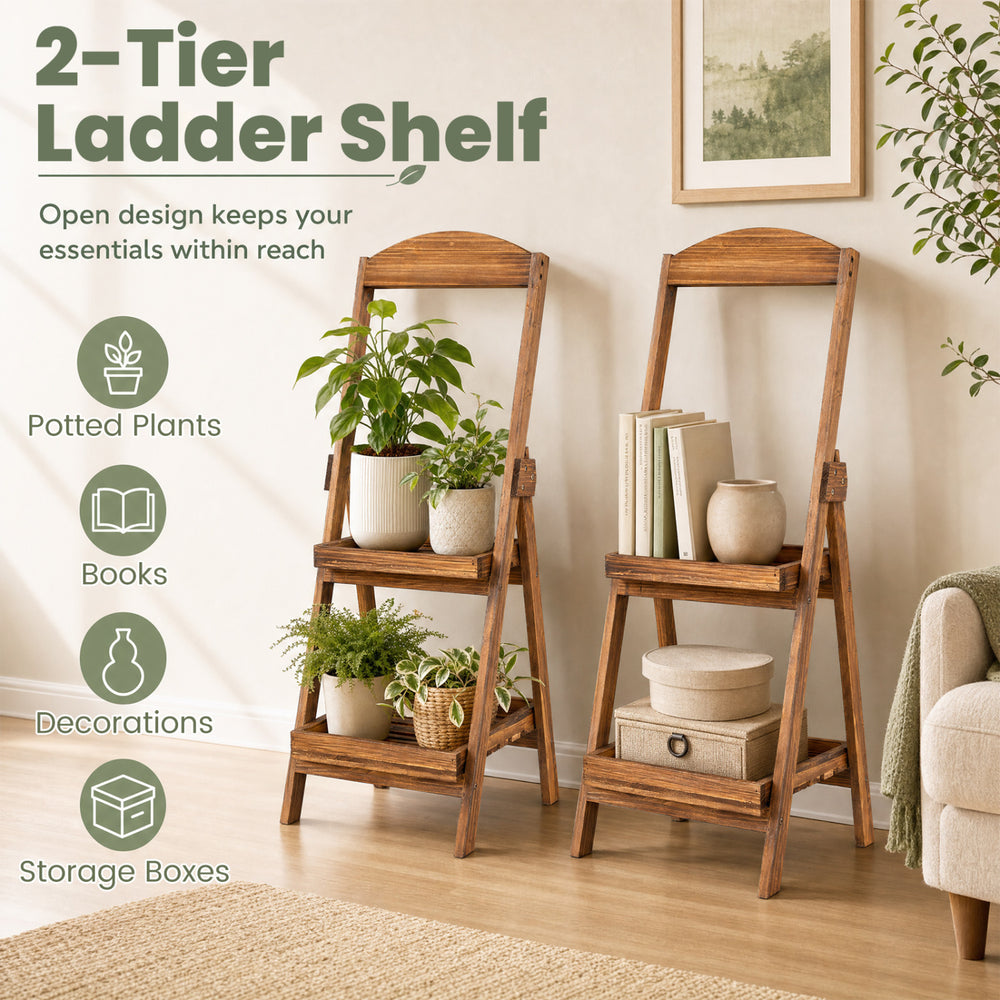 Rustic 2-tier ladder shelf made of carbonized fir wood, perfect for displaying potted plants, books, and decorations.