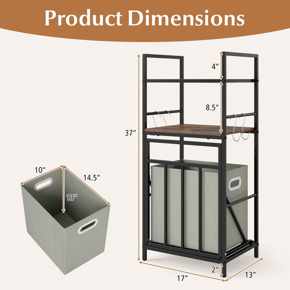 Dimensions of the 2-Tier Laundry Hamper with Tilt-out Basket in black, featuring a wooden shelf and removable laundry.