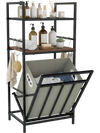 2-tier laundry hamper with tilt-out basket in black, featuring storage shelves for towels and toiletries.