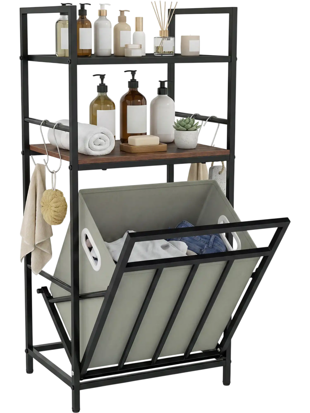 2-tier laundry hamper with tilt-out basket in black, featuring storage shelves for towels and toiletries.