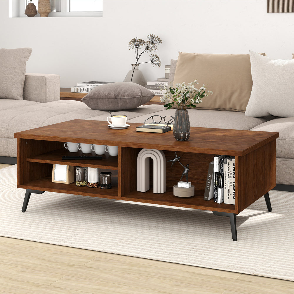 2-Tier Mid Century Modern Coffee Table with Storage Shelves Compartments-Walnut - Gallery View 1 of 10