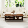 Mid-century modern walnut coffee table with 2-tier storage shelves and compartments, perfect for living room.