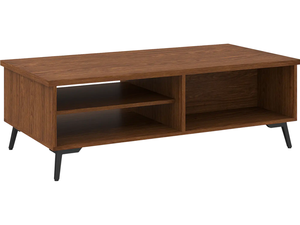 Walnut 2-tier mid-century modern coffee table with storage shelves and open compartments for easy access.