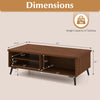 Mid-century modern coffee table in walnut with 2-tier storage shelves and compartments, ideal for living room.
