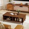Mid-century modern walnut coffee table with 2-tier storage shelves and metal legs, perfect for living room essentials.