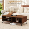 2-tier mid-century modern coffee table in walnut with storage shelves, ample clearance for easy floor cleaning.