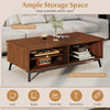 Walnut mid-century modern coffee table showcasing open compartments on both sides, ideal for easy access to essentials.