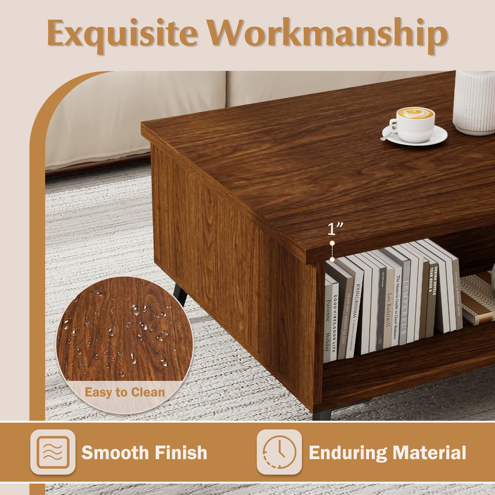 Mid-century modern coffee table in walnut with two-tier storage shelves and smooth finish for easy cleaning.