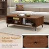 Mid-century modern coffee table in walnut with 2-tier storage shelves and heavy-duty metal legs for stability.