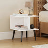 White 2-tier mid century modern end table with raised metal legs, perfect for bedside or living room use.