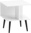 White 2-tier end table with raised metal legs and compartments, perfect for living room or bedroom decor.