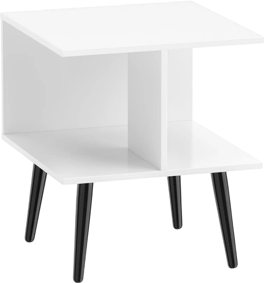 White 2-tier end table with raised metal legs and compartments, perfect for living room or bedroom decor.