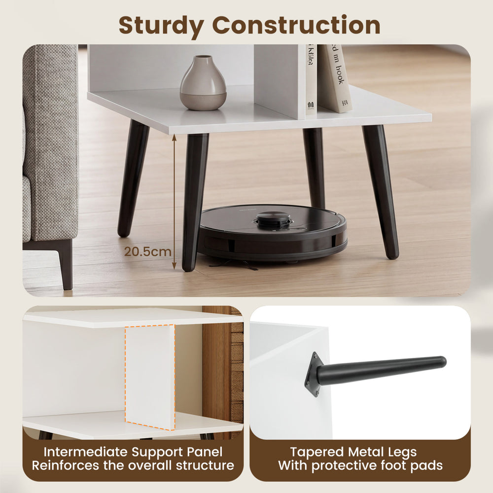 Square white end table with two tiers and tapered metal legs, perfect for living room or bedroom decor.