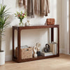 Mid-century 2-tier brown wood console table with storage shelf, showcasing unique wood grain, perfect for hallways or.
