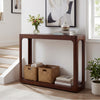 Mid-century 2-tier brown wood console table with storage baskets, ideal for living room or hallway display.