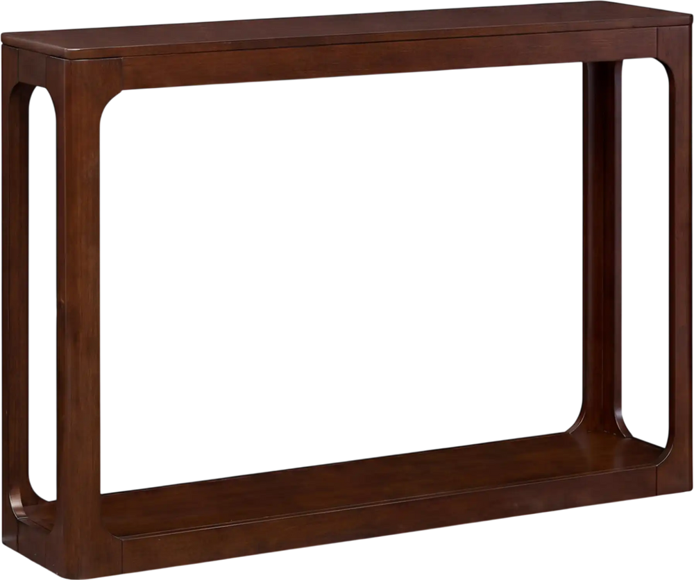 2-tier mid-century wood console table in brown with solid rubber wood frame, ideal for living room or hallway storage.