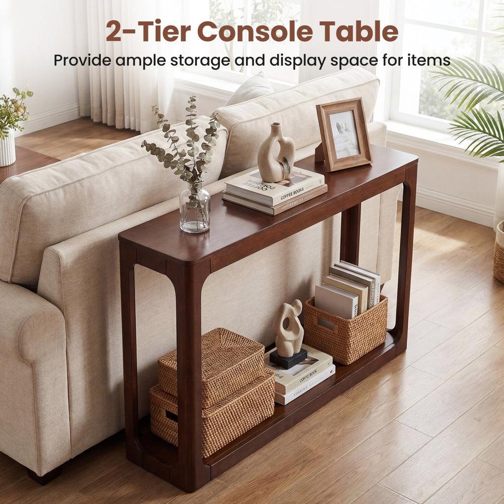 2-tier brown console table with storage shelf, solid rubber wood frame, perfect for living room or hallway display.