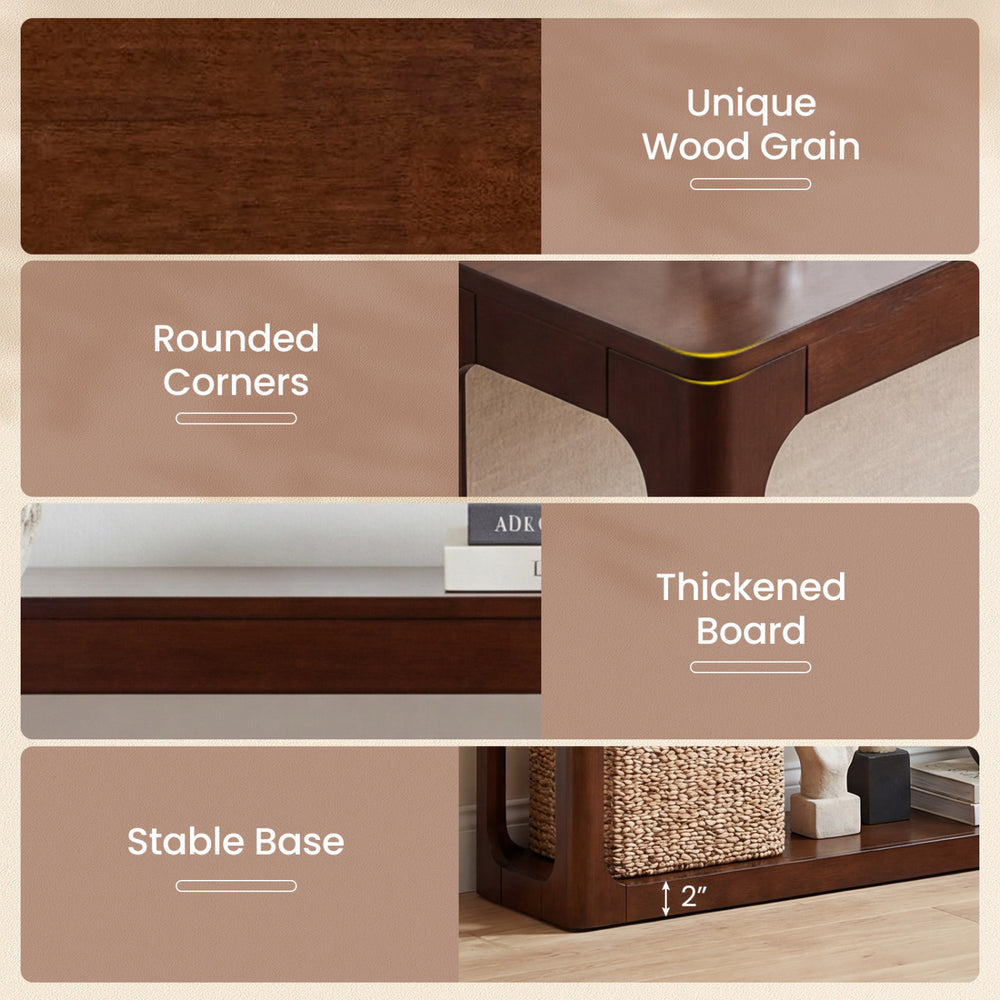 Close-up of the 2-tier mid-century wood console table showcasing unique wood grain and rounded corners for safe use.