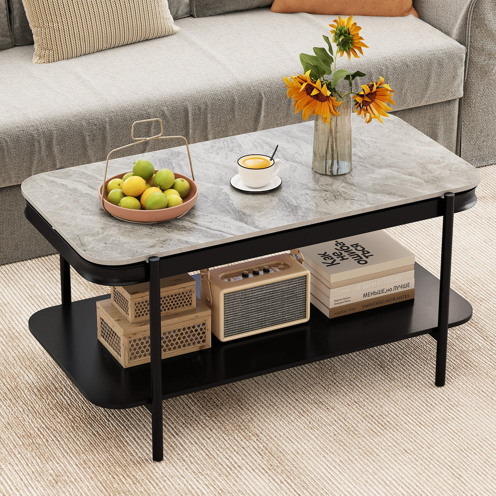 2-Tier Modern Rectangular Coffee Table with Sintered Stone Top-Gray - Gallery View 1 of 10