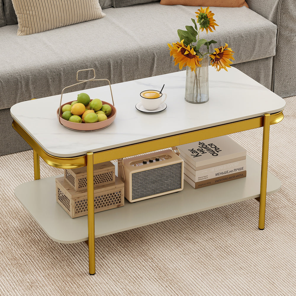2-Tier Modern Rectangular Coffee Table with Sintered Stone Top-White - Gallery View 1 of 10